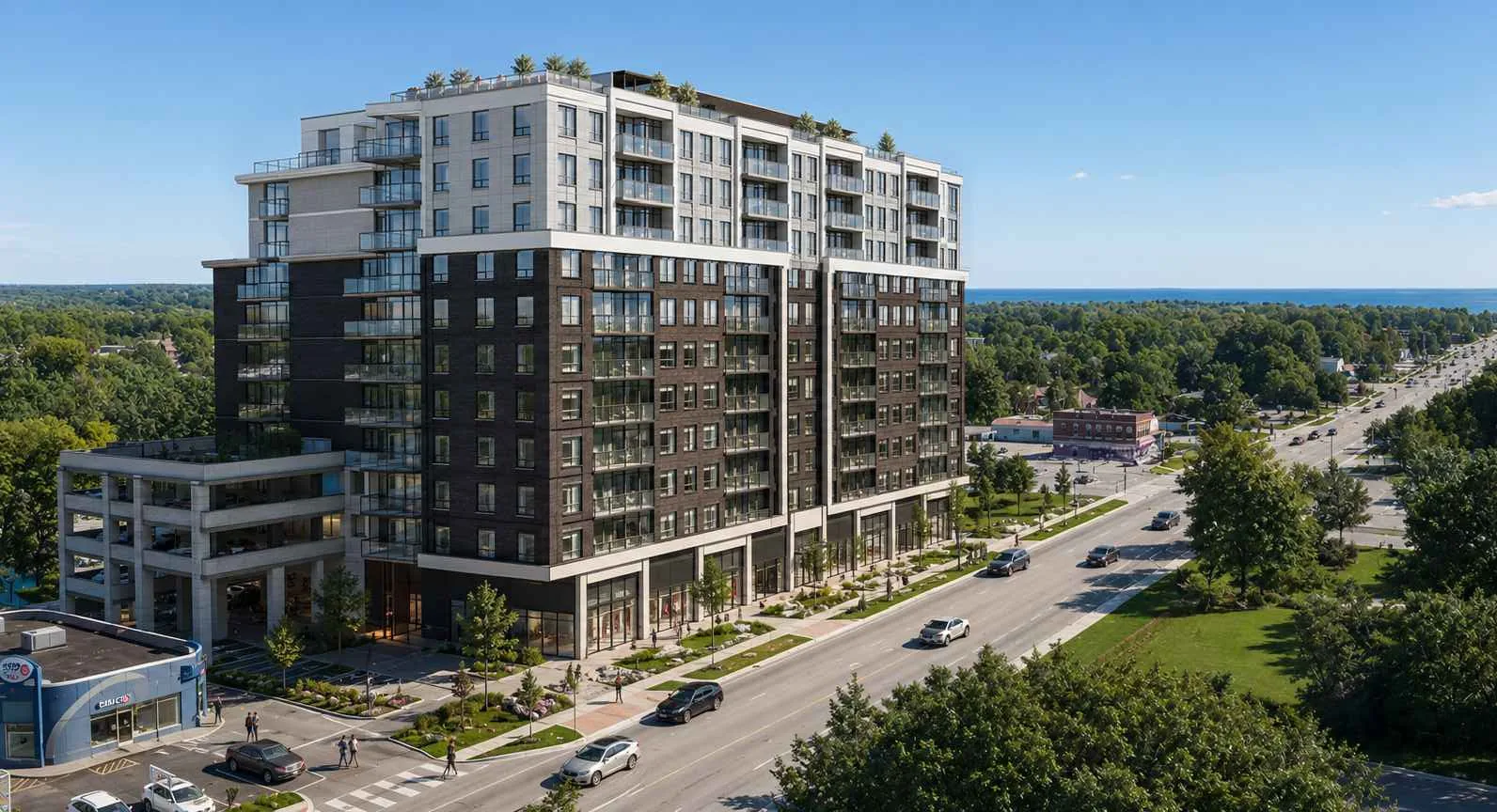 Architectural concept of the proposed Innisfil Beach Road apartment building, showing stepped upper floors, balconies and commercial space along the street.